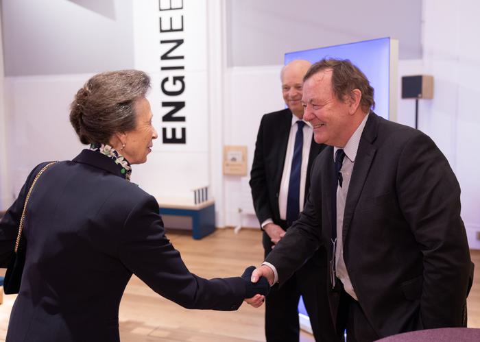 HRH The Princess Royal, left, meets, Laureates of the Queen Elizabeth Prize for Engineering, Denmark’s Henrik Stiesdal, centre, and Britain’s Andrew Garrad, right, at the Science Museum in London, UK, on Tuesday, Feb. 6, 2024. Photographer: Jason Alden/QEPrize