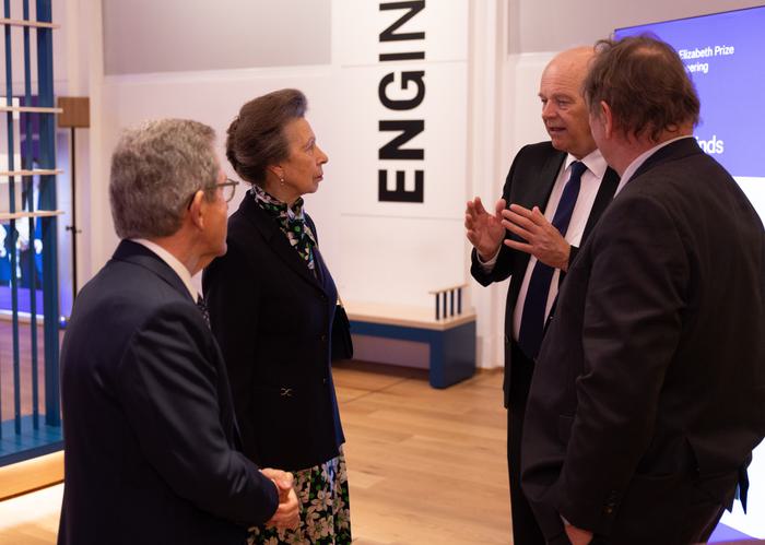 HRH The Princess Royal, second left, meets, Laureates of the Queen Elizabeth Prize for Engineering, Denmark’s Henrik Stiesdal, second right, and Britain’s Andrew Garrad, right, at the Science Museum in London, UK, on Tuesday, Feb. 6, 2024. Photographer: Jason Alden/QEPrize