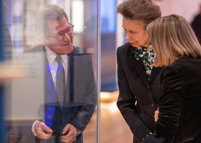HRH The Princess Royal, centre, with Lord Browne of Madingley FREng FRS, chair of the Queen Elizabeth Prize for Engineering Foundation, during the Queen Elizabeth Prize for Engineering announcement event at the Science Museum in London, UK, on Tuesday, Feb. 6, 2024. Photographer: Jason Alden/QEPrize