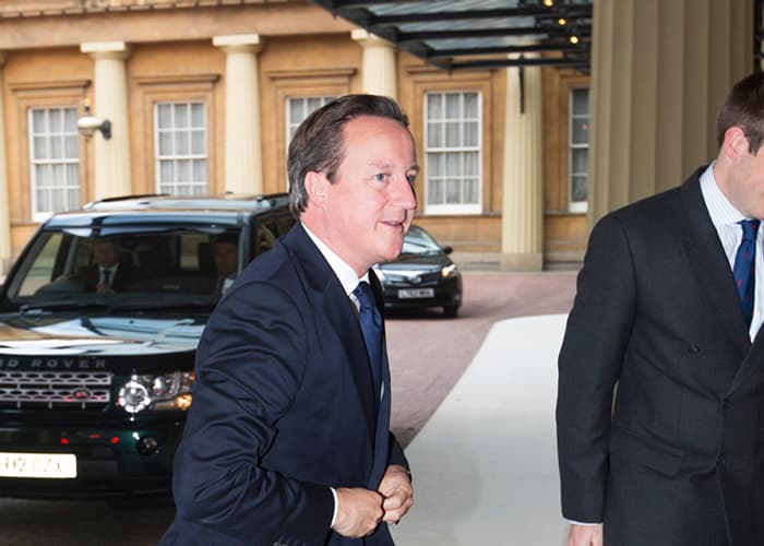 David Cameron arriving at Buckingham Palace for the 2013 QEPrize presentation