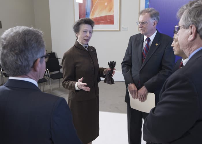 HRH The Princess Royal speaking to Lord Browne and the 2017 QEPrize Winners