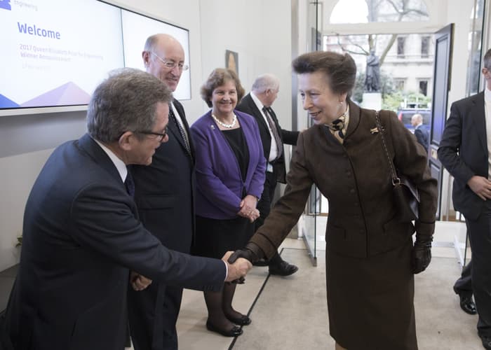 Lord Browne greets HRH The Princess Royal at the 2017 QEPrize Winner Announcement