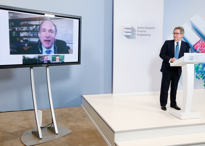 Sir Tim Berners Lee on video link at the 2013 QE Prize winner announcement